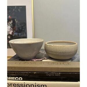 Set Of 2 Unique Art Pottery Rustic White Ceramic Glazed Bowls Initialed